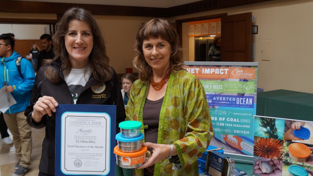 State Assemblywoman Catharine Baker presents her Business of the Month honor to ECOlunchbox owner Sandra Ann Harris.