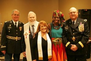 From L to R: Colonel Timothy Vaughn, Rev. Austin Miles,Chaplain Trainer Priscilla Martinez, Felicia Purcell, General Dan Helix. Photos by Jane Vaughn. 