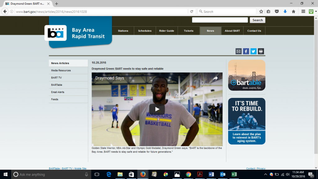 Screenshot of an ad featuring the Warriors' Draymond Green supporting BART submitted as evidence for the complaint.
