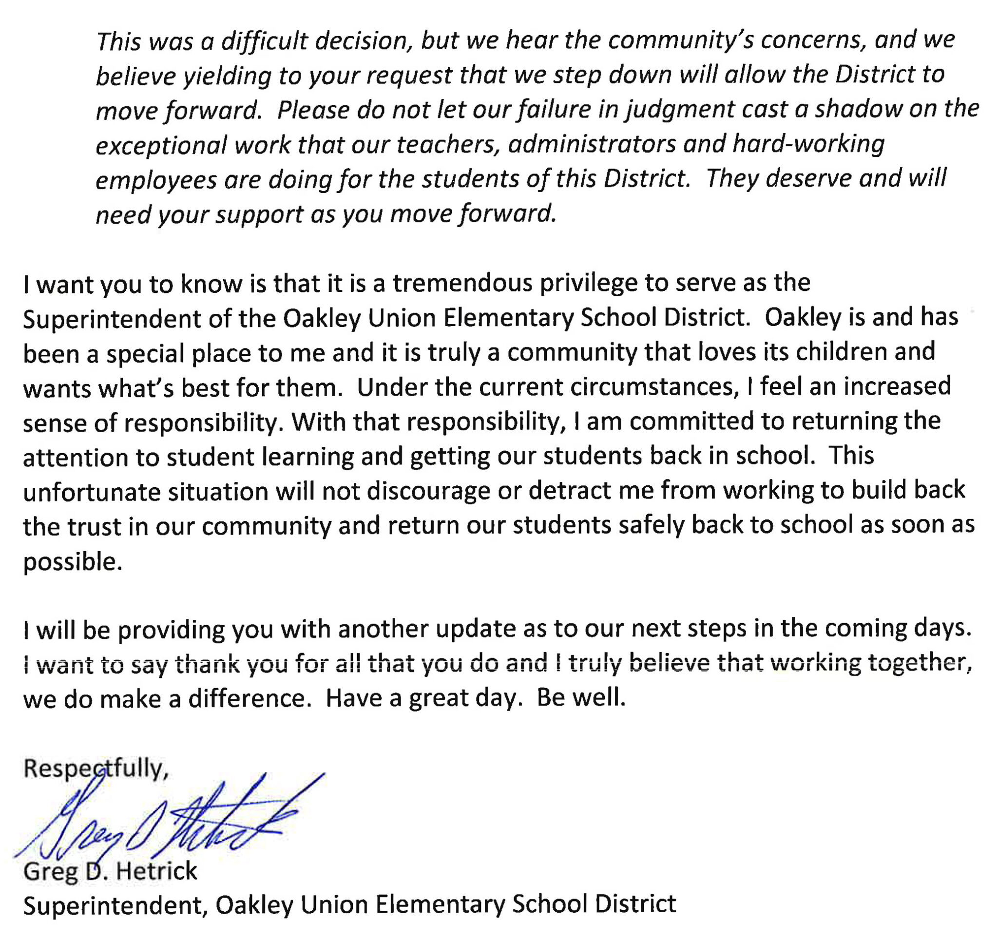 Oakley schools Superintendent issues letter on board members’ apologies